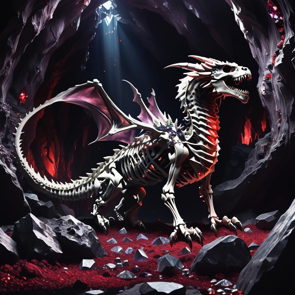 Skeleton Dragon Asleep in Amethyst Crystal Cave