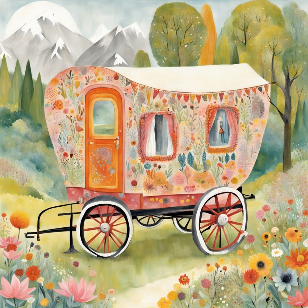 Gypsy Wagon Amidst Vibrant Countryside