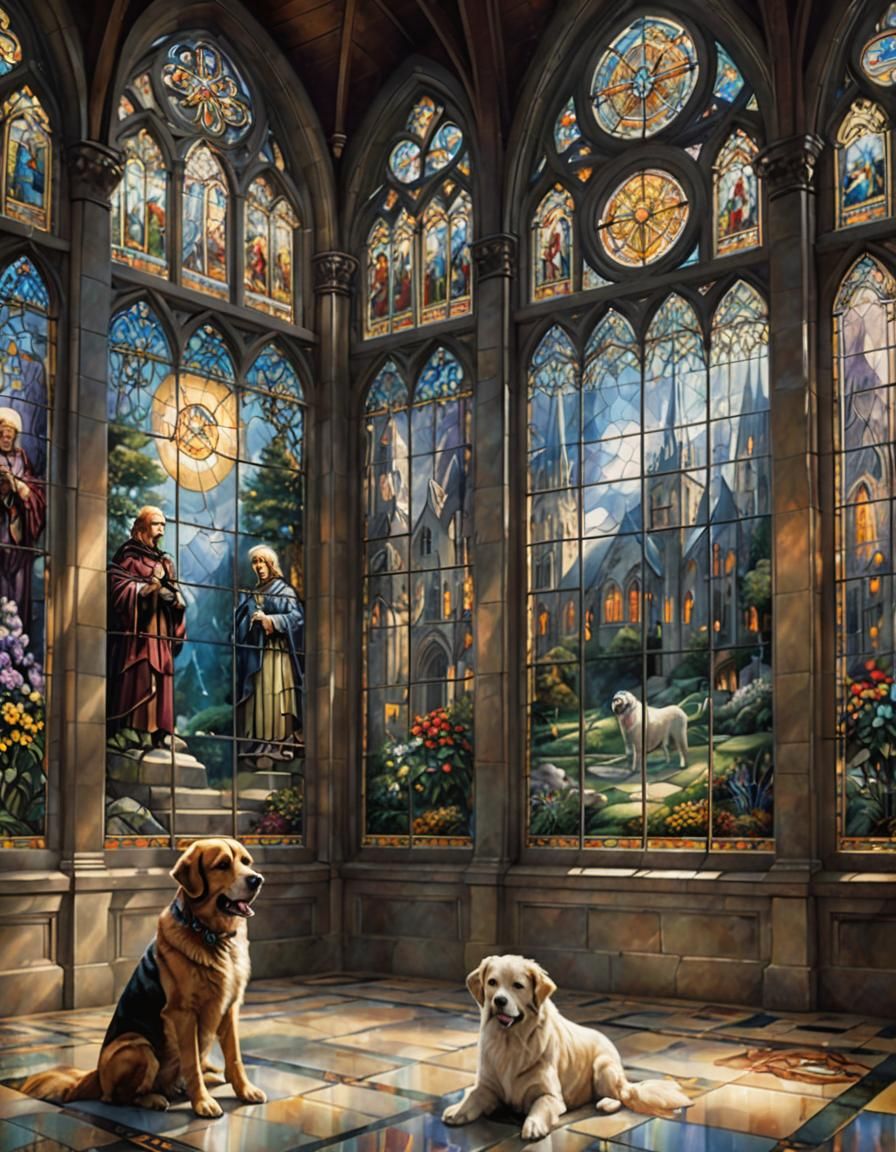 Stained Glass Windows with Dog Motif in Gothic Church