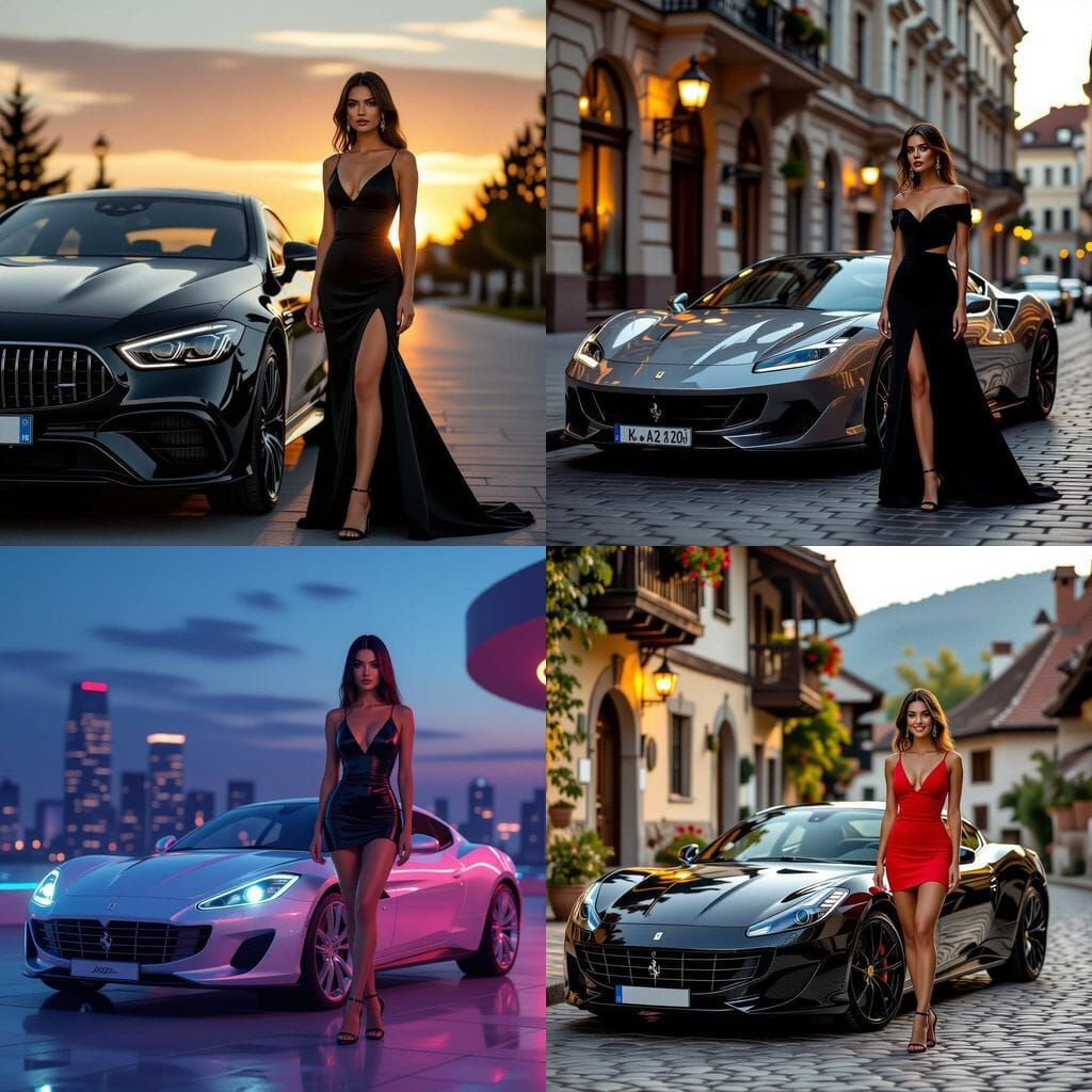Luxury Car and Elegant Woman in Romanian Attire