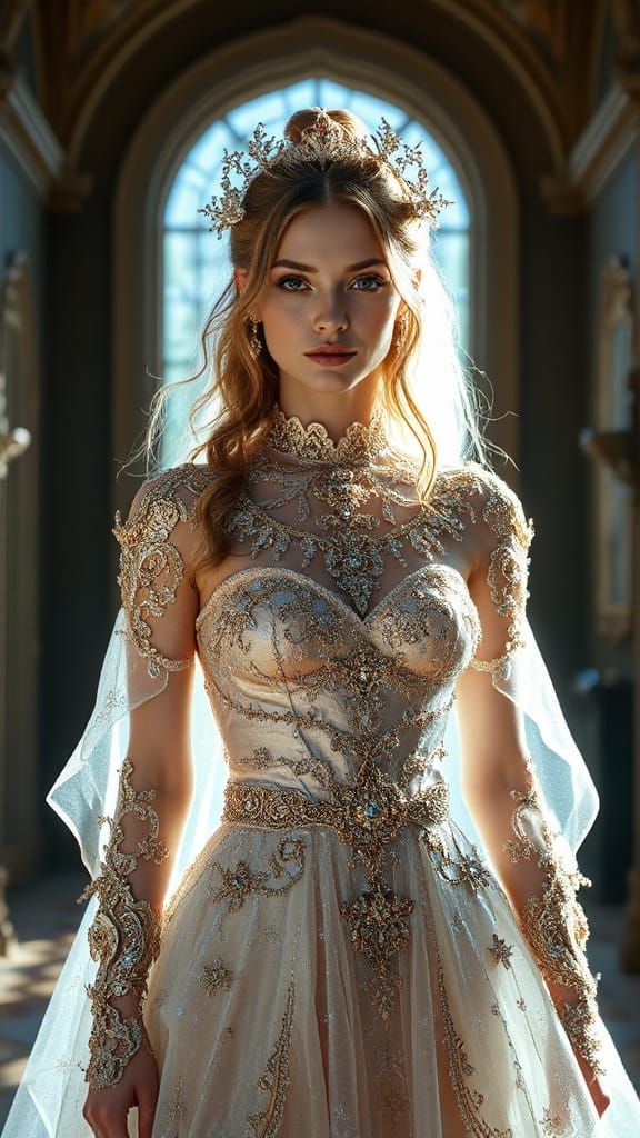 Woman in Filigree Glass Gown in Surreal Fantasy Landscape