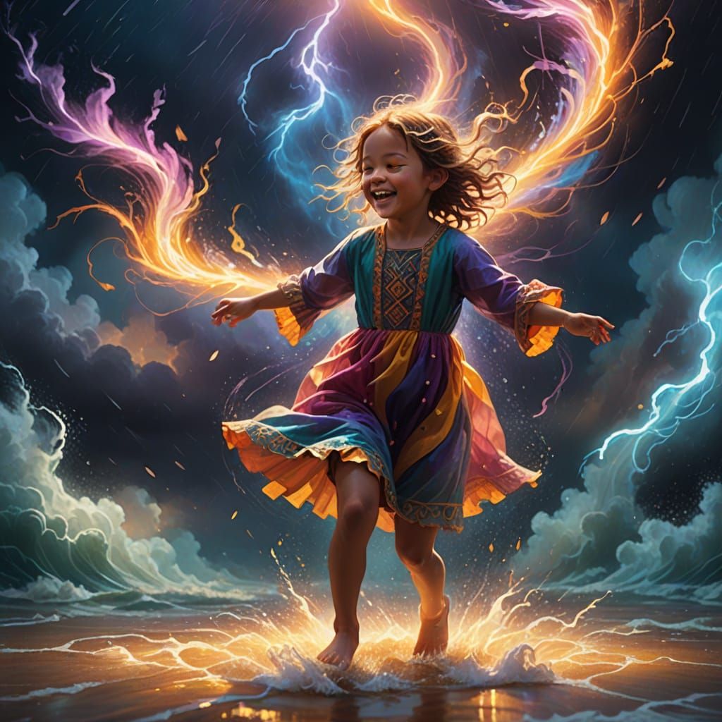 Child Dances in Vibrant, Enchanted Storm Fantasy Art