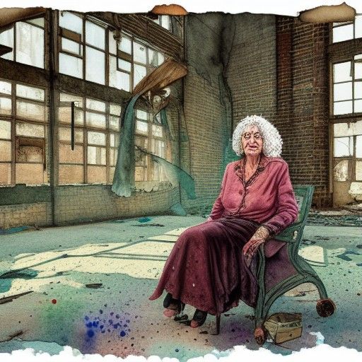 Retired Sorceress in Abandoned Factory, Watercolor Style