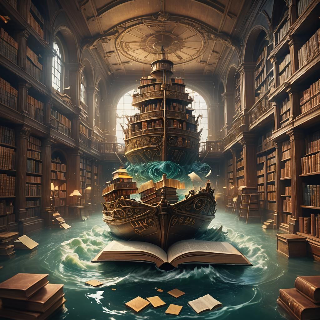 Lake and Ship Emerging from Book