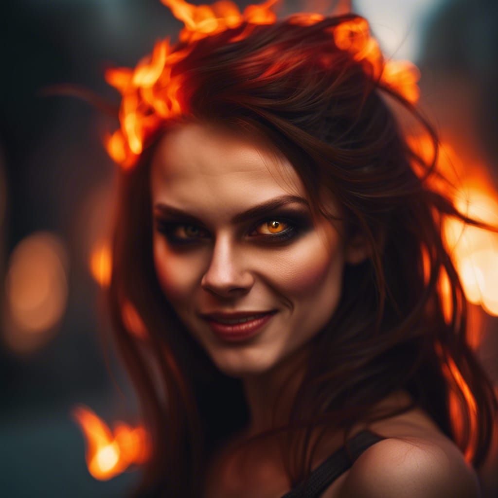 Fiery-Eyed Demoness Smiles as City Burns