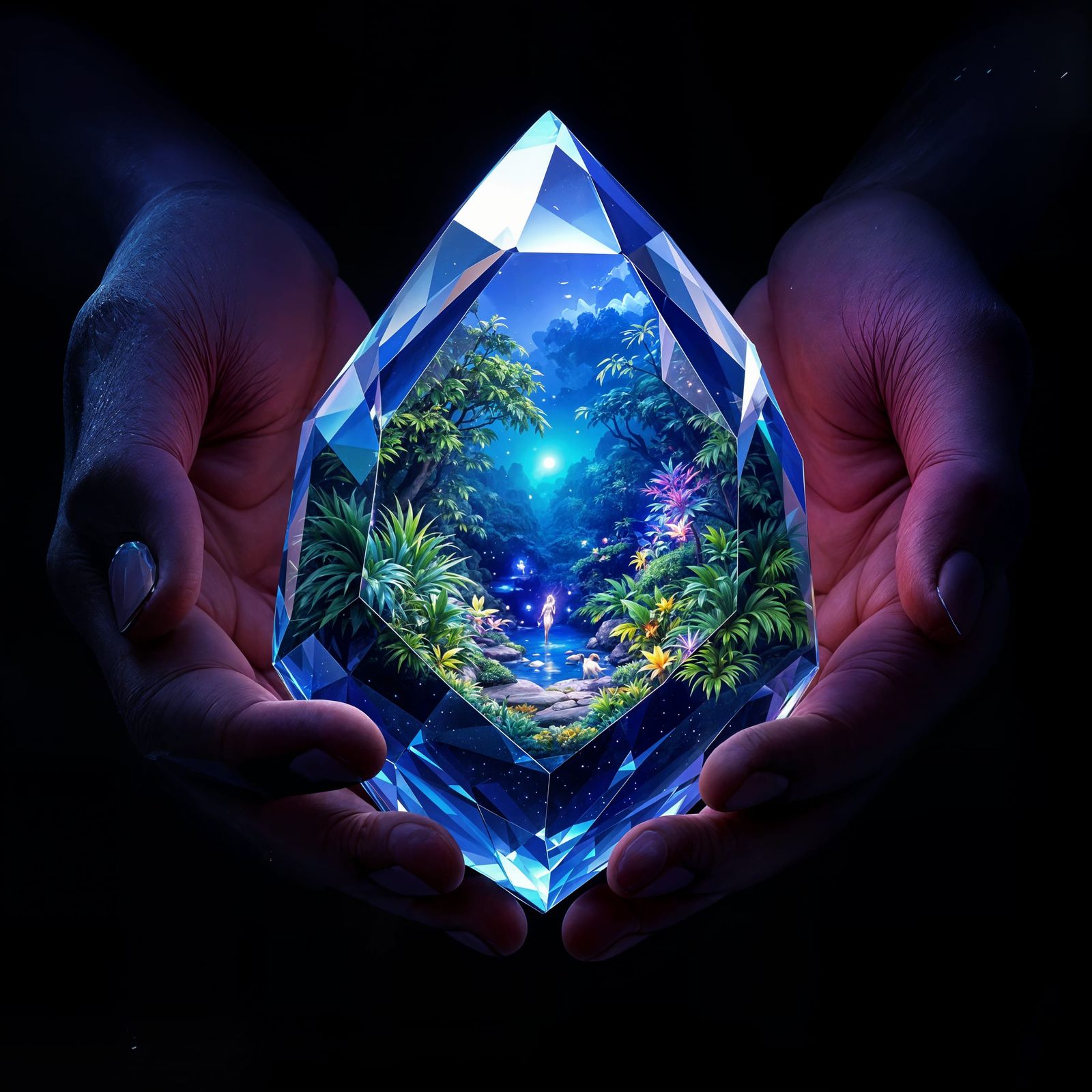 A Luminous Crystal Holds a Glowing Jungle Paradise