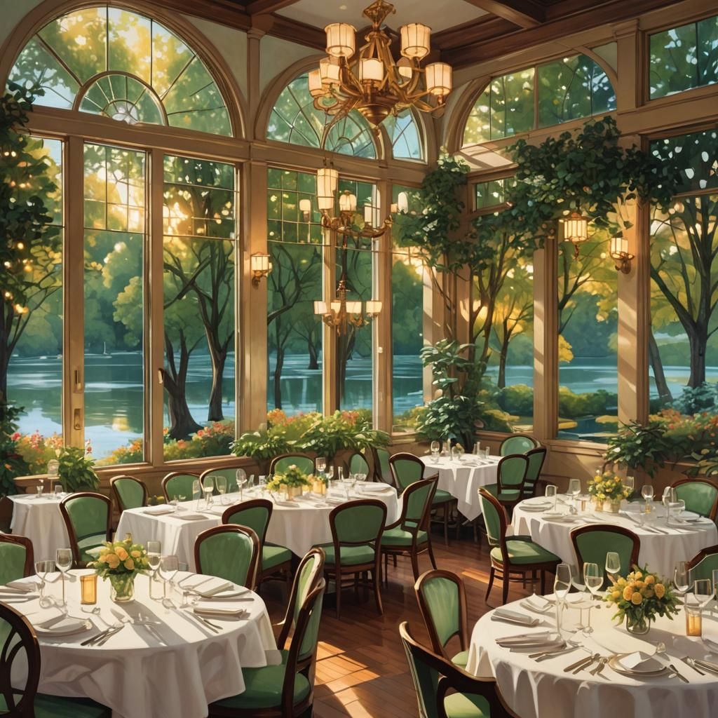 Elegant Restaurant in Golden Light, Fine Art Illustration