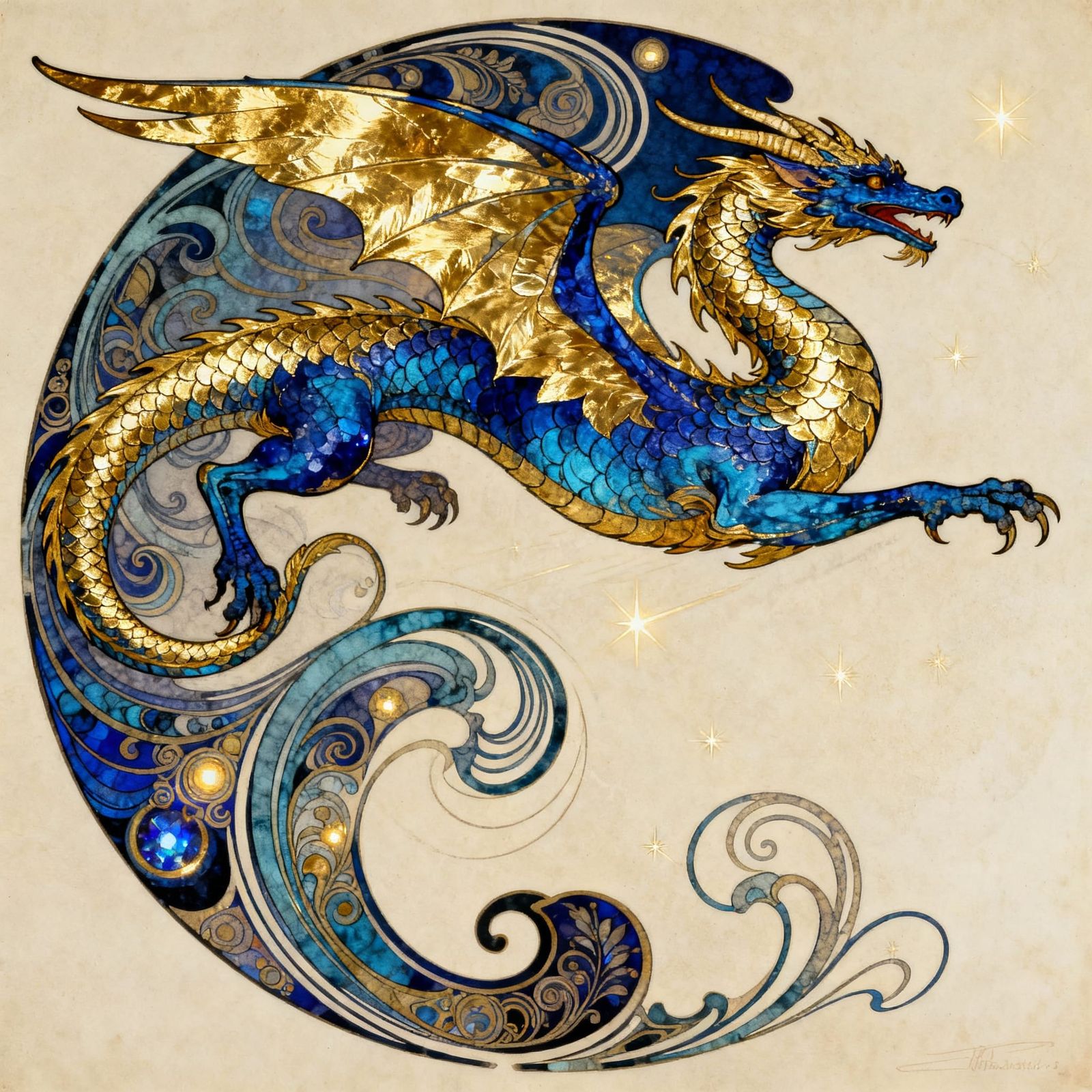Art Nouveau Dragon of Gold Leaf and Lapis Lazuli