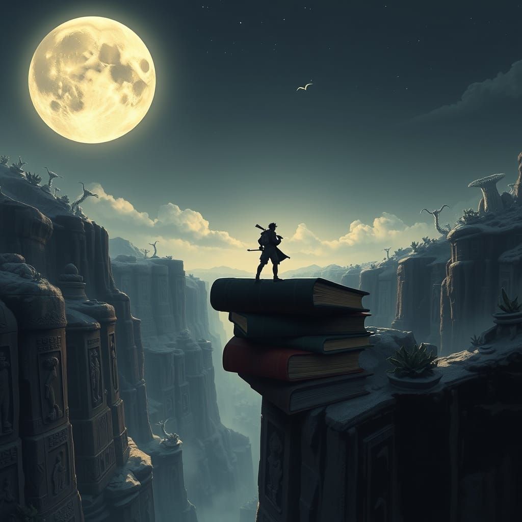 Adventurer on Books at Canyon's Edge in Digital Art