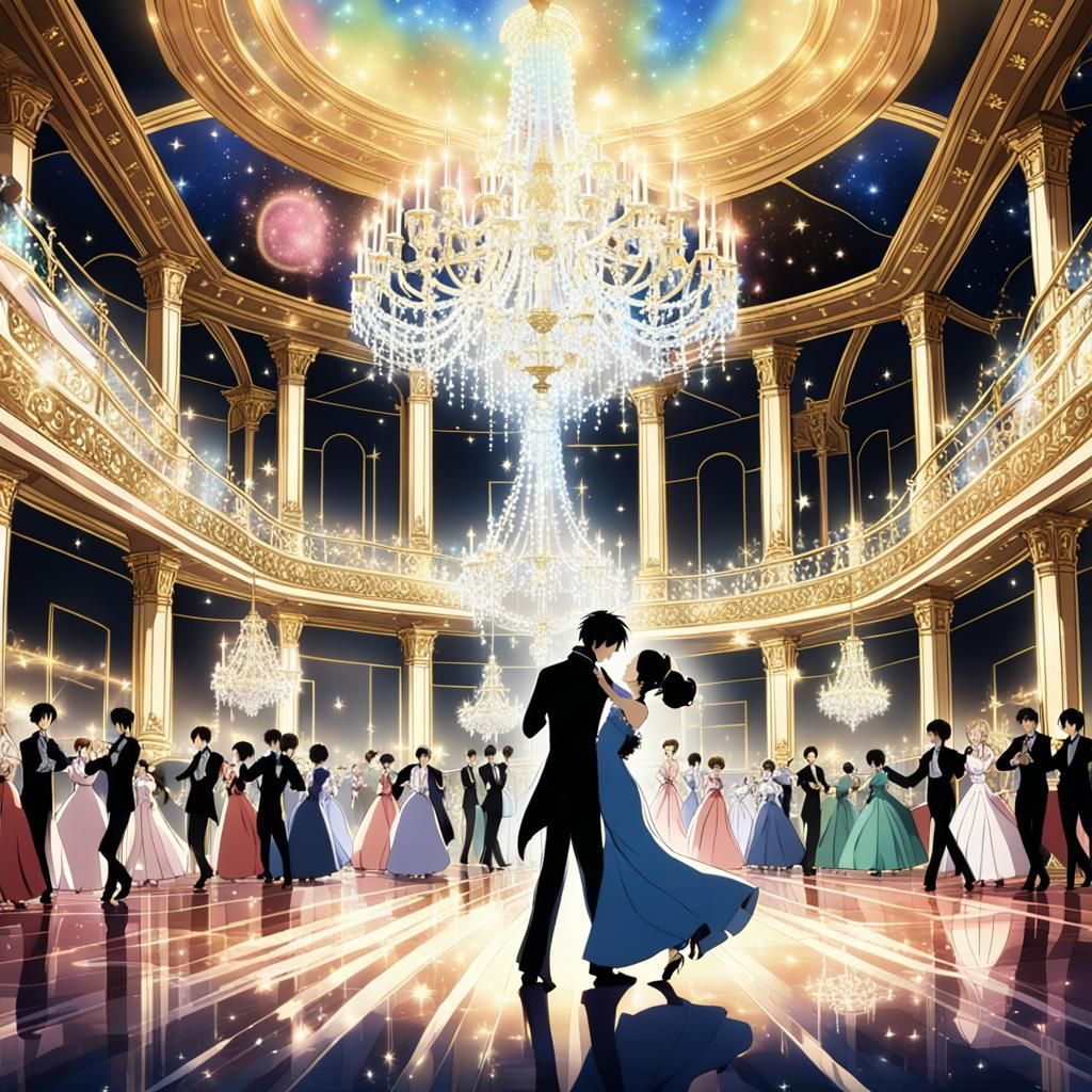 Elegant Anime Ballroom Scene with Dancing Figures