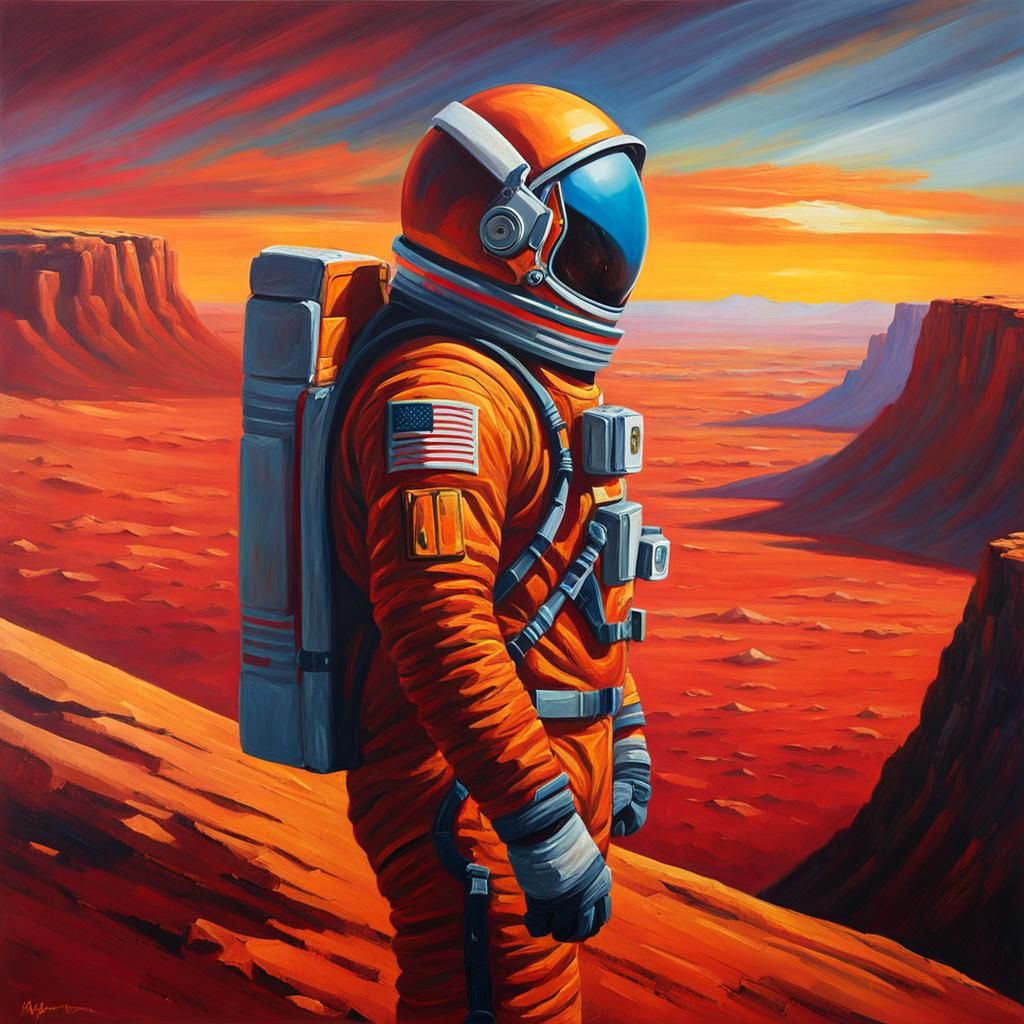 Astronaut Contemplates Martian Landscape as Oil Painting