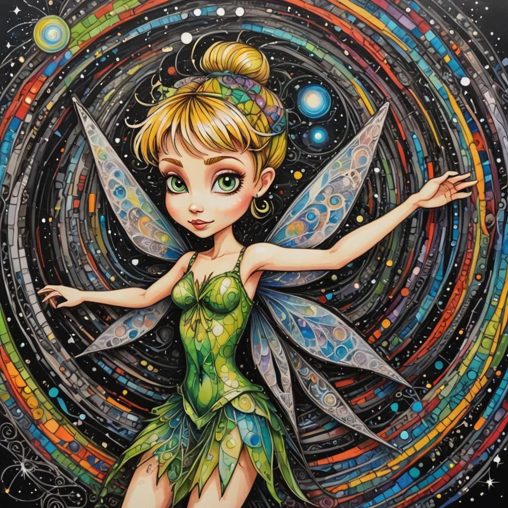 Whimsical Tinkerbell Under Binary Blackhole, in Burton Style