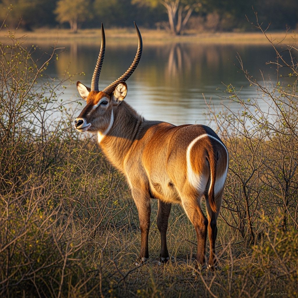 Waterbuck with Spiraling Horns in South African Scrubland