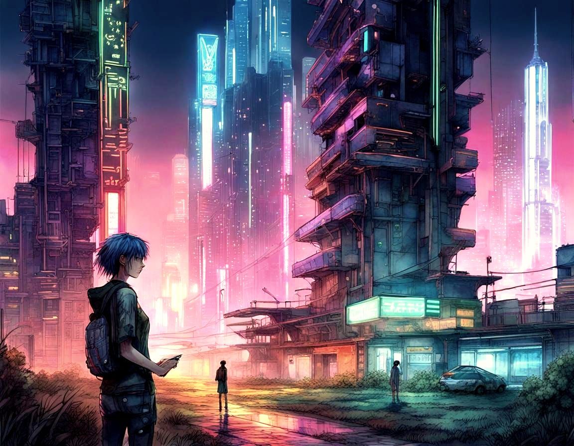 Cyberpunk Metropolis in Manga Style Watercolor