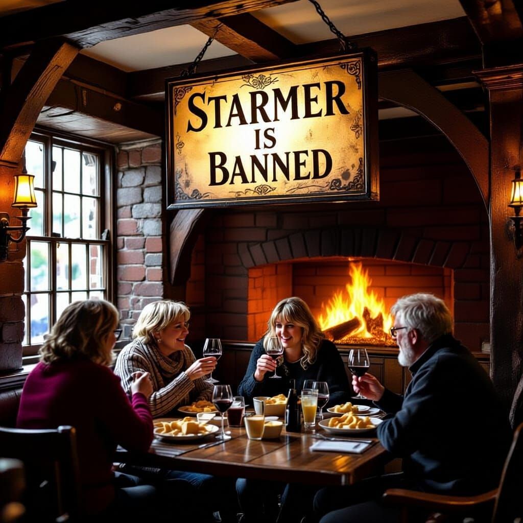 Tudor Country Pub Scene with Wine and Cheese