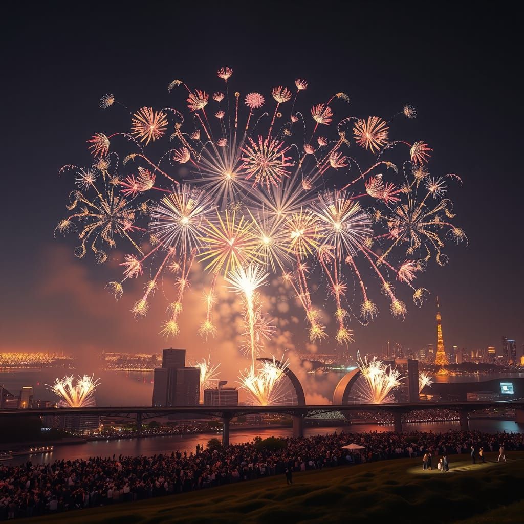 Ethereal Tokyo Fireworks: A Hyper-Realistic Cat Silhouette i...