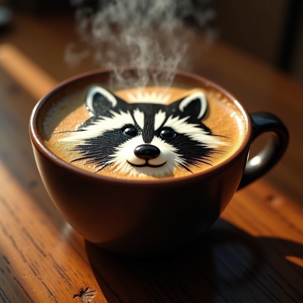 Latte Art Raccoon Face in Dark Fantasy Style