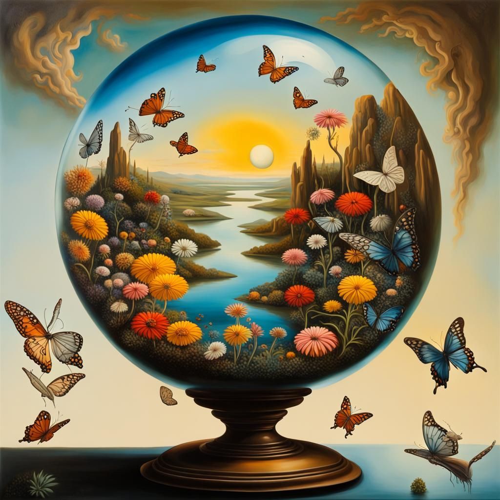 Utopian Flower Garden in Glass Globe: Surrealist Art