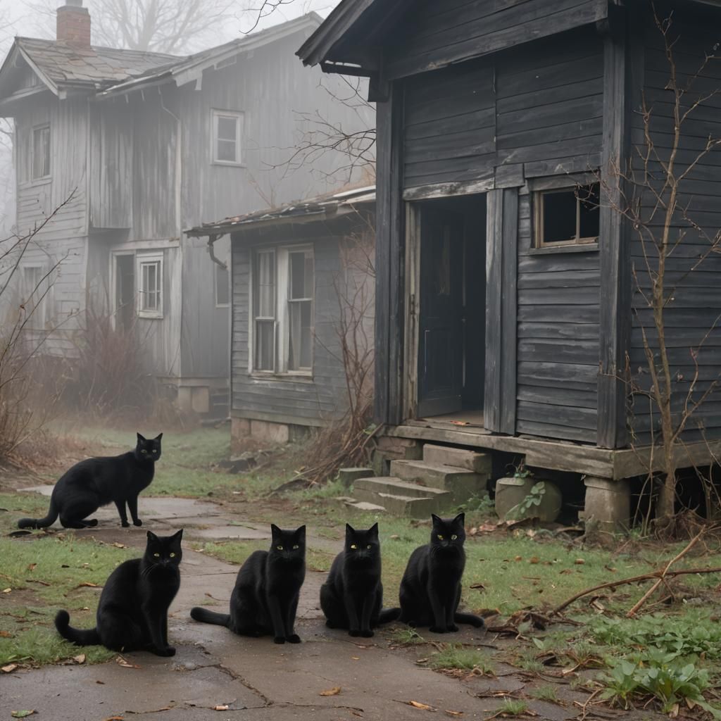 Black Cats Gather at Abandoned House