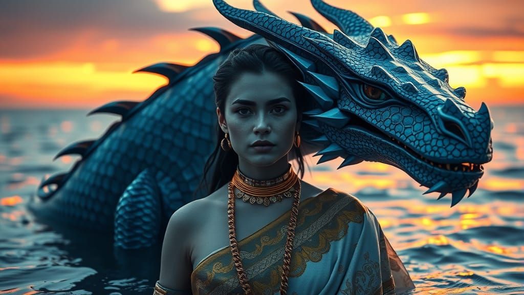 Futuristic Blue Woman with Dragon in Digital Art