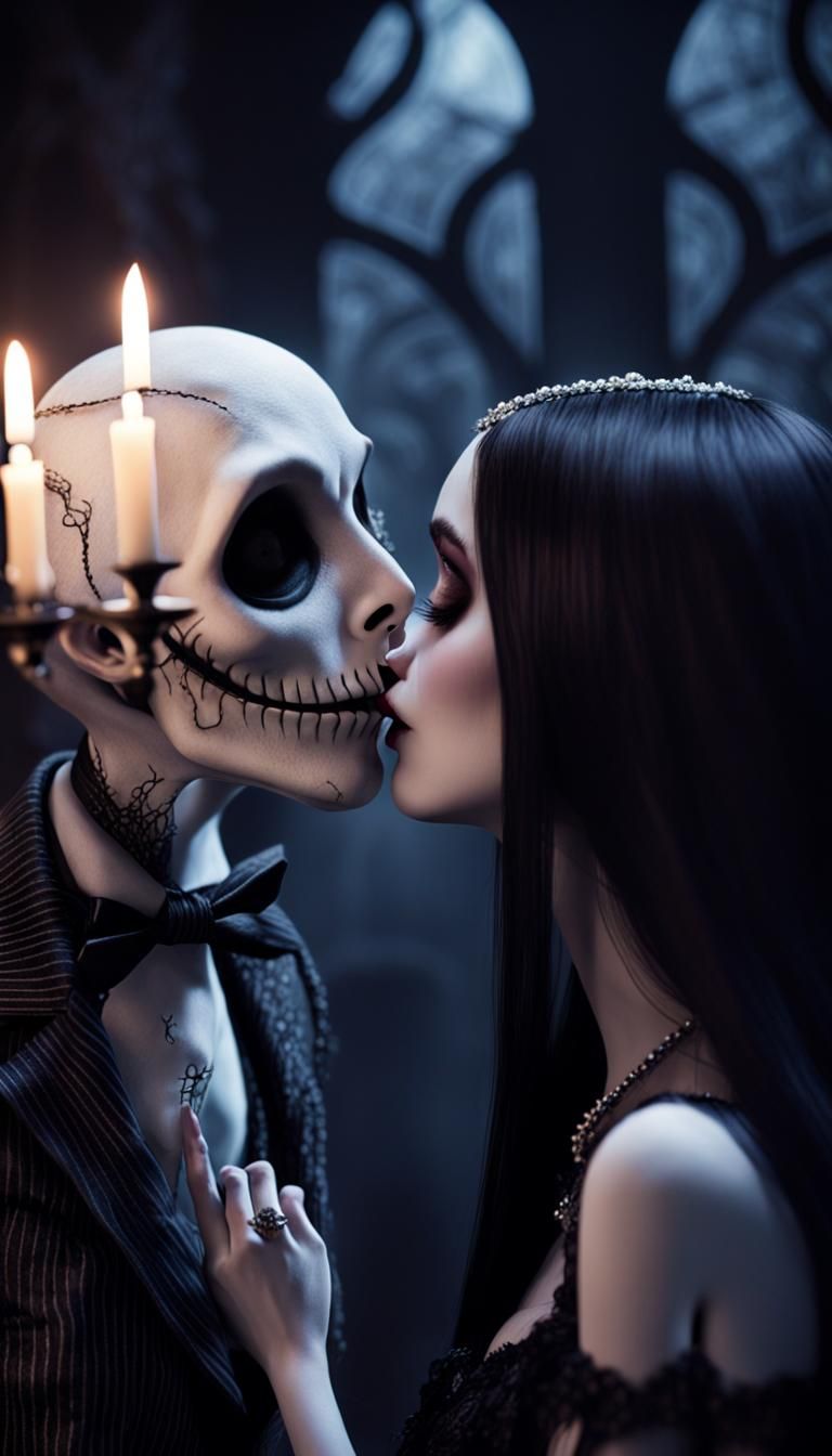 Jack from The nightmare before Christmas kissing Wednesday, ...
