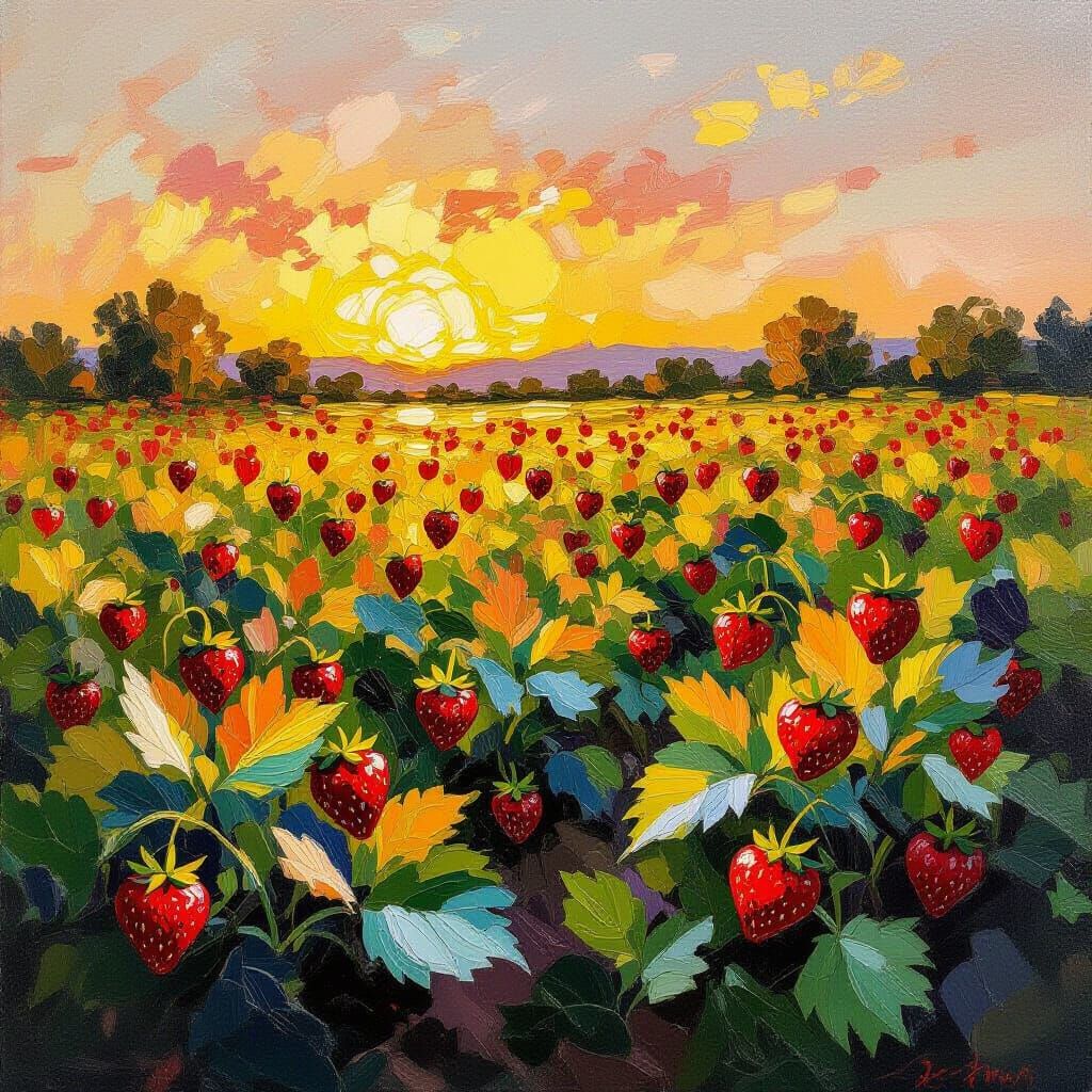 Impressionistic Strawberry Fields at Golden Hour