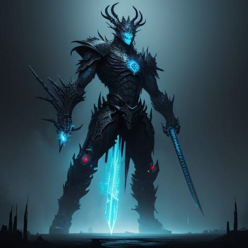 Cyberpunk Dark Fantasy Dragon Wields Glowing Katana