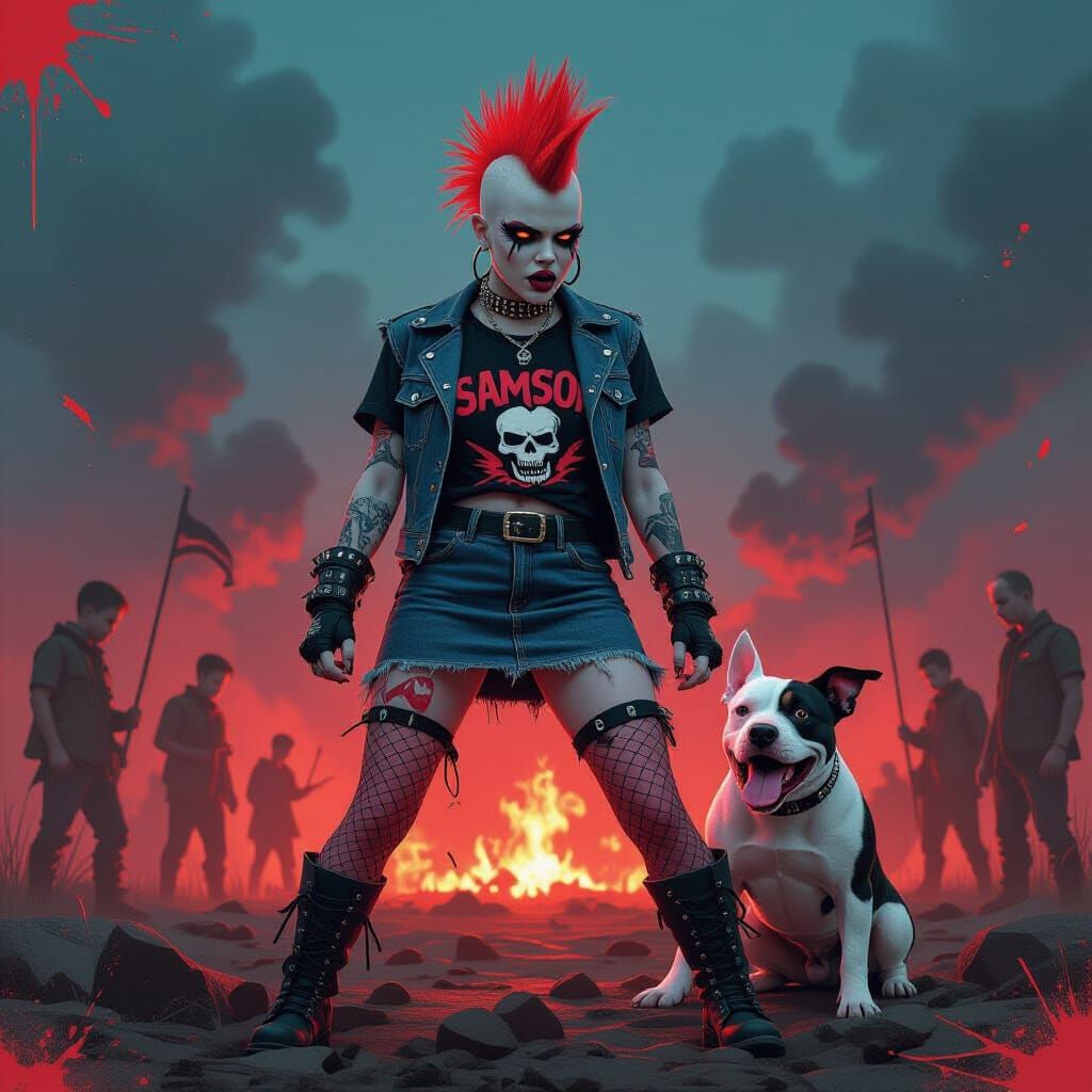 Albino Punk with Bull Terrier on Battlefield