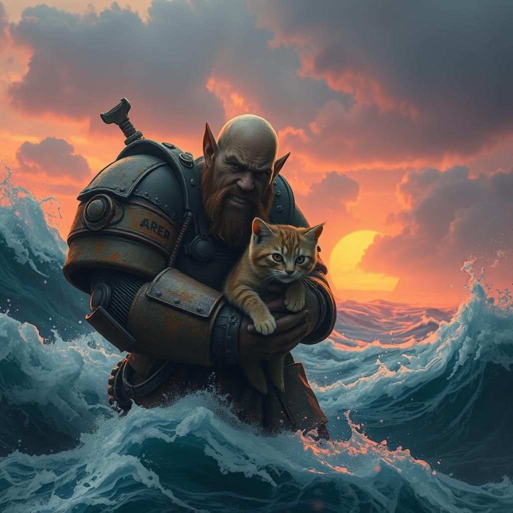 Orc Rescues Kitten from Stormy Sea in Dystopian Style
