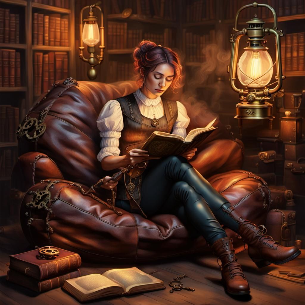 Steampunk Girl Reading with Golden Lighting