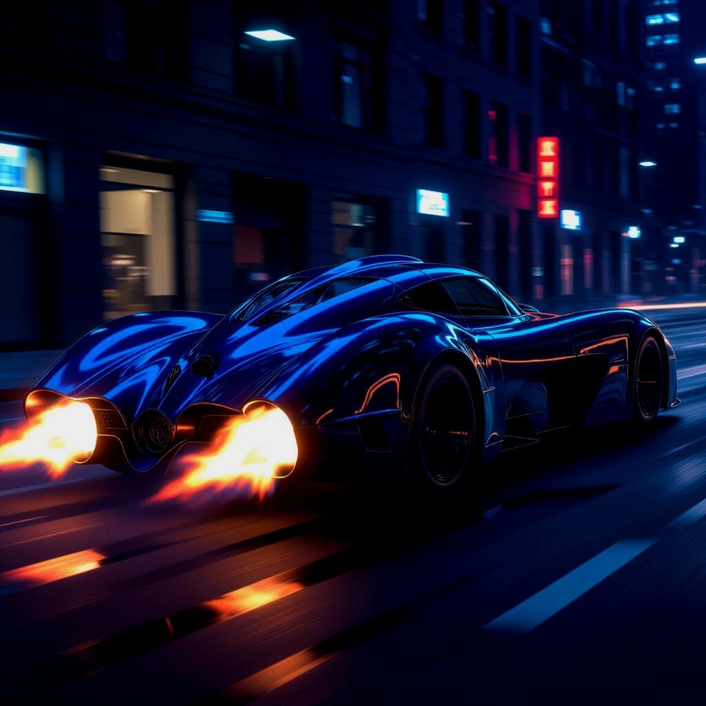 Streamlined 2025 Batmobile with Jet Flames on Dark City Stre...