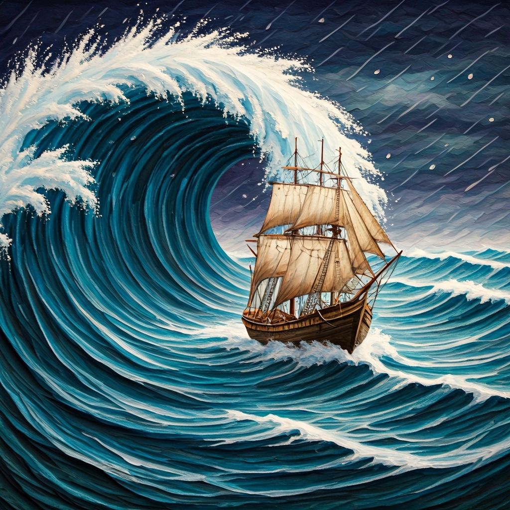 Ornate Sailing Ship Amidst Stormy Mixed Media Wave