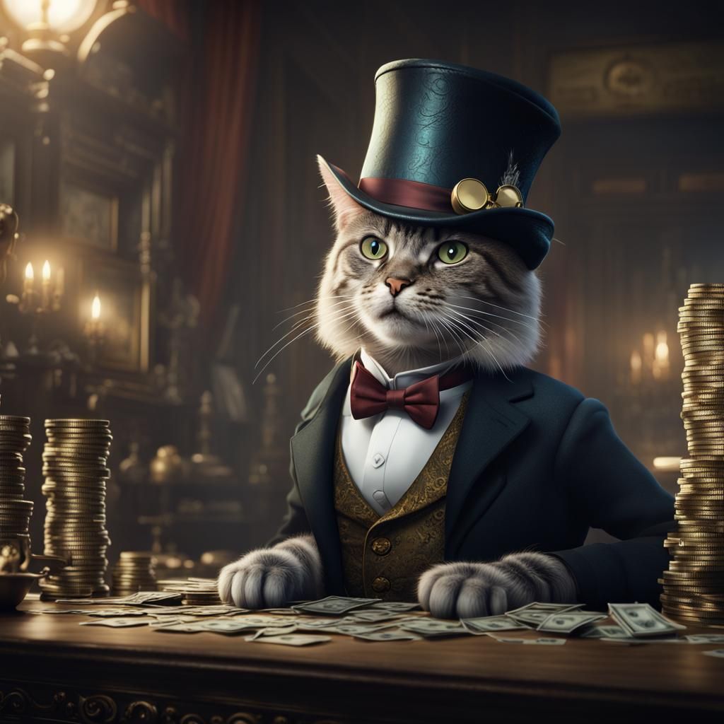 Cat with Monocle and Top Hat in Detailed Painting