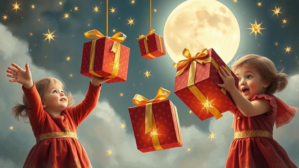 Children Catching Christmas Gifts in Moonlit Sky