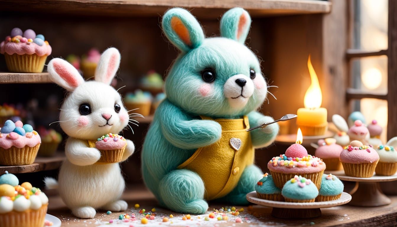 Felted Bear Chef in Kawaii Bakery