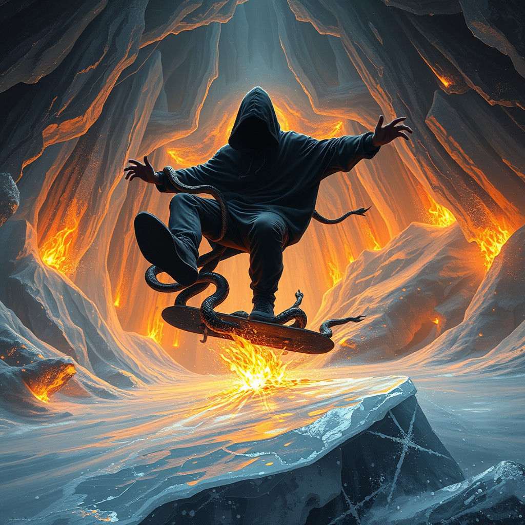 Surreal Faceless Skater Kickflip in Crystalline Cave