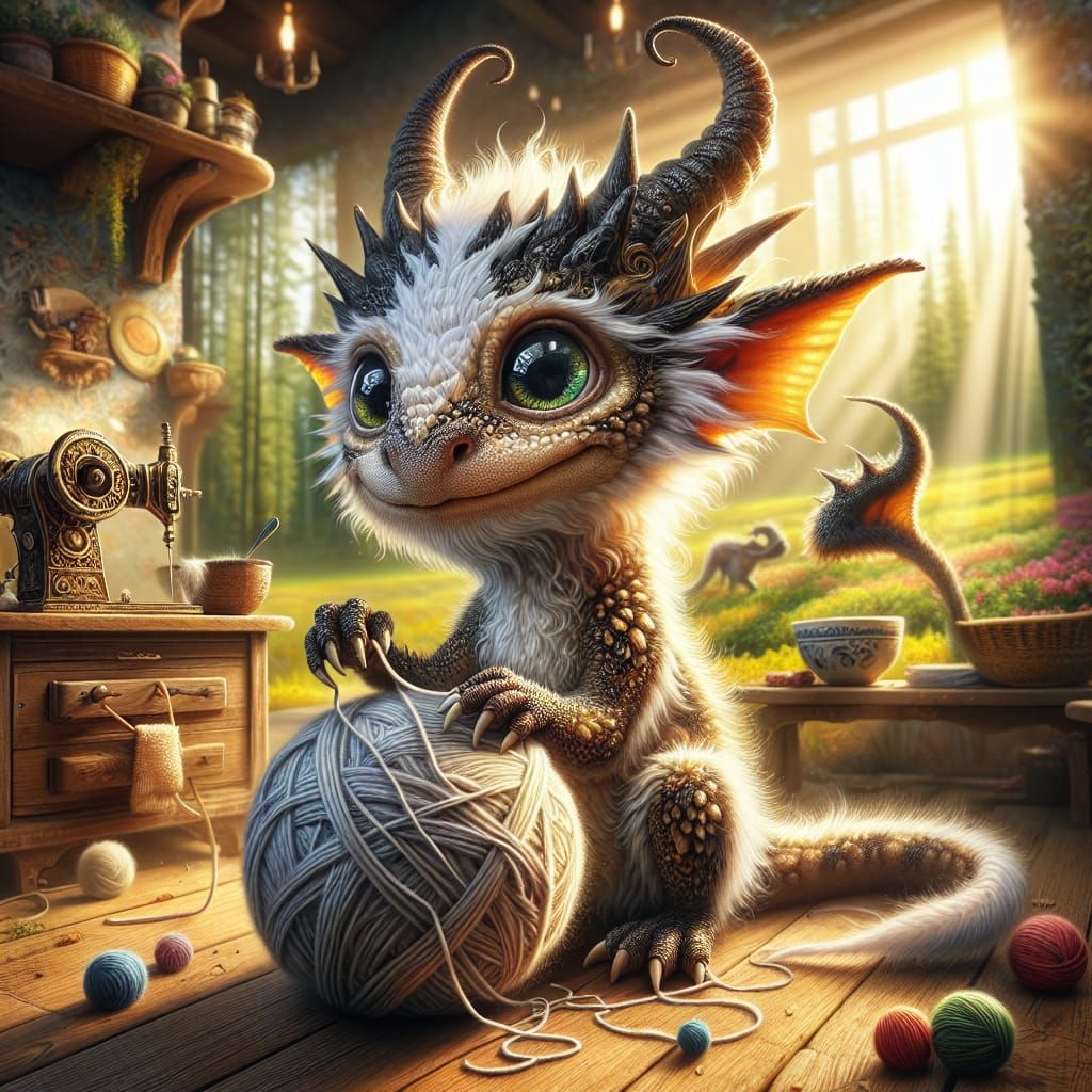 Whimsical Horned Dragon with Yarn, Fantasy Illustration