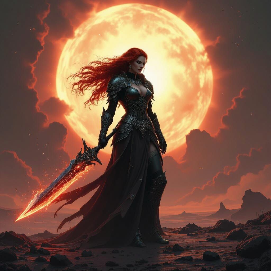 Celestial Valkyrie on Dying Planet, in Dark Surrealism Style