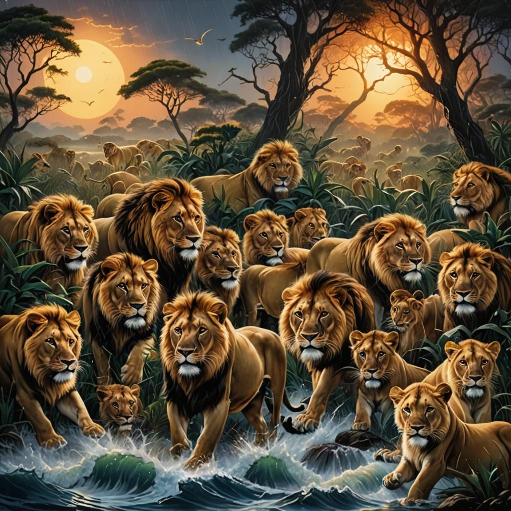 Raining Lions at Moonrise: A Hyperrealistic Bush Scene