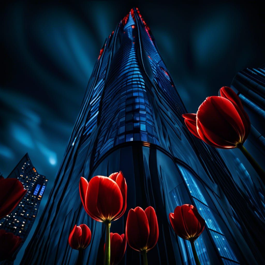 Blue Glass Skyscrapers in Darkness with Red Tulips