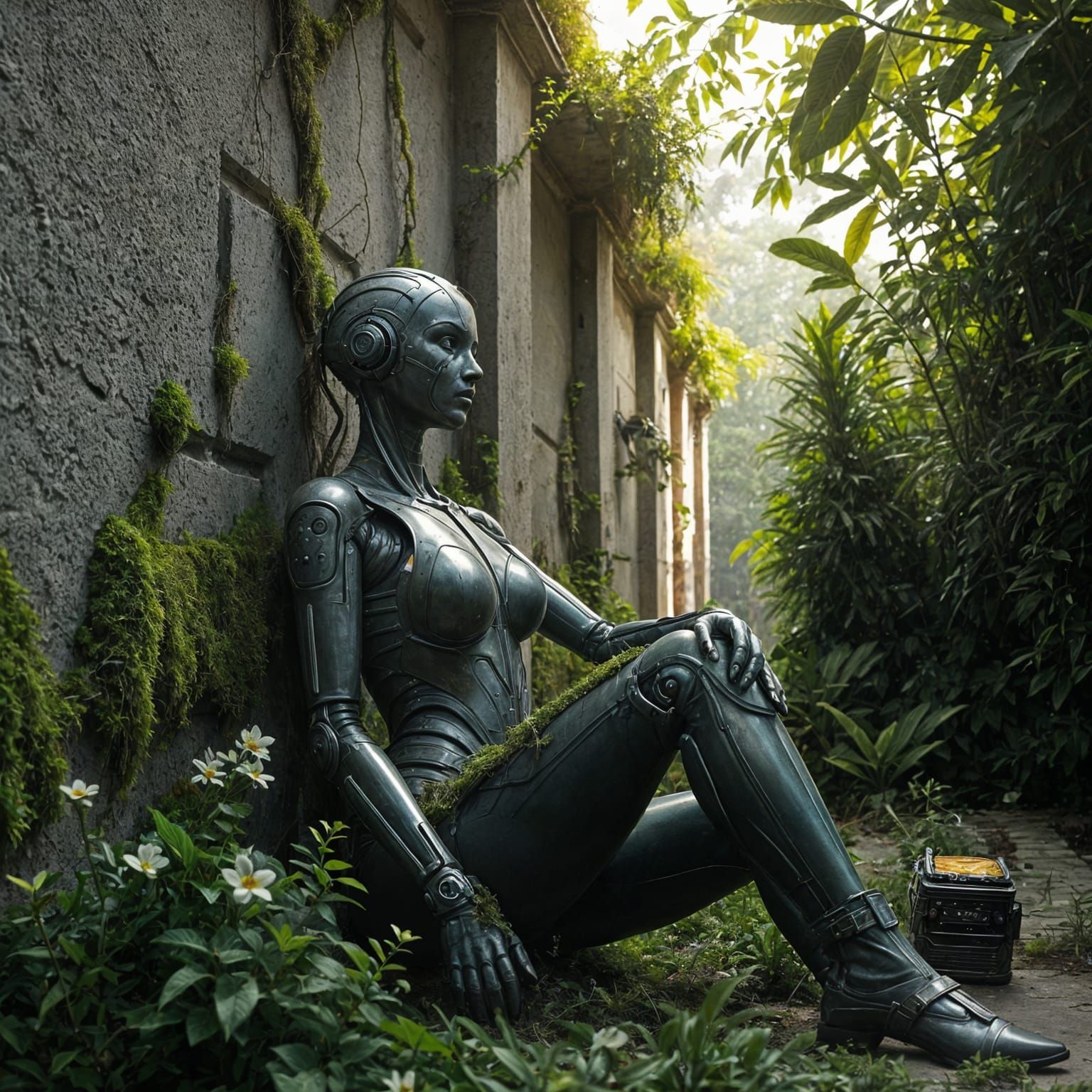 Bio-Mechanical Woman in Post-Apocalyptic Ruins