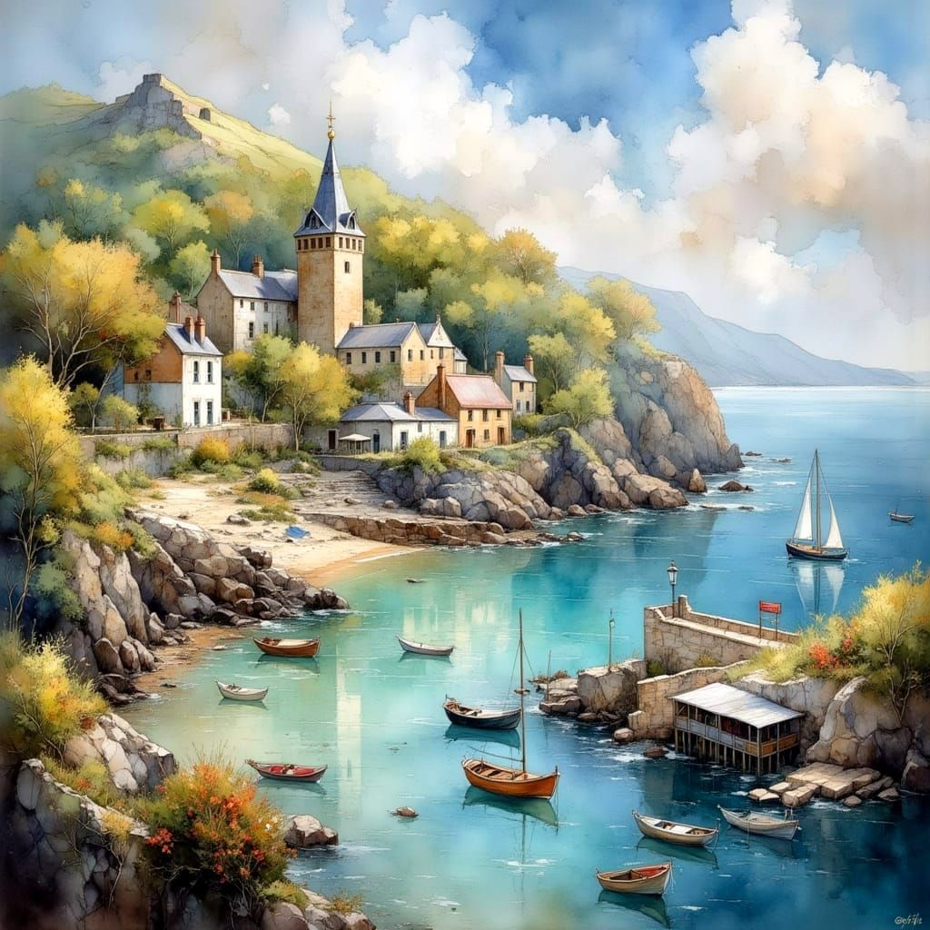 Quaint Seaside Village in England as Oil Painting