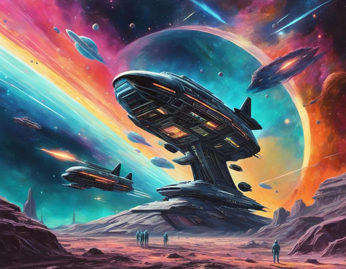 Starship Voyage Through Vibrant Galaxy in Digital Art