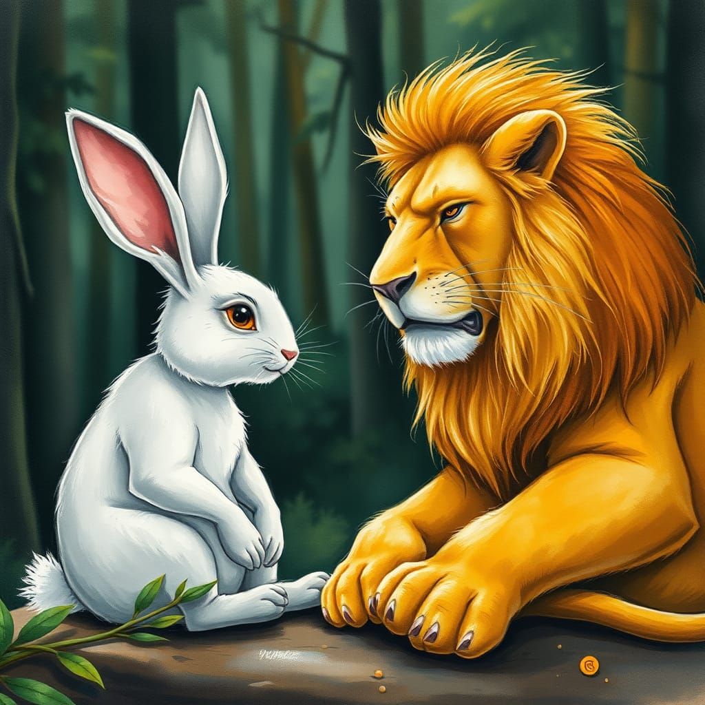 Rabbit and Lion Face-to-Face Watercolor Painting