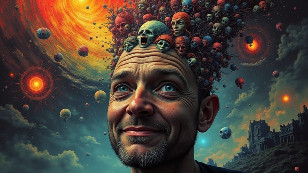 Fractal Faces Emerge From Grinning Man's Head