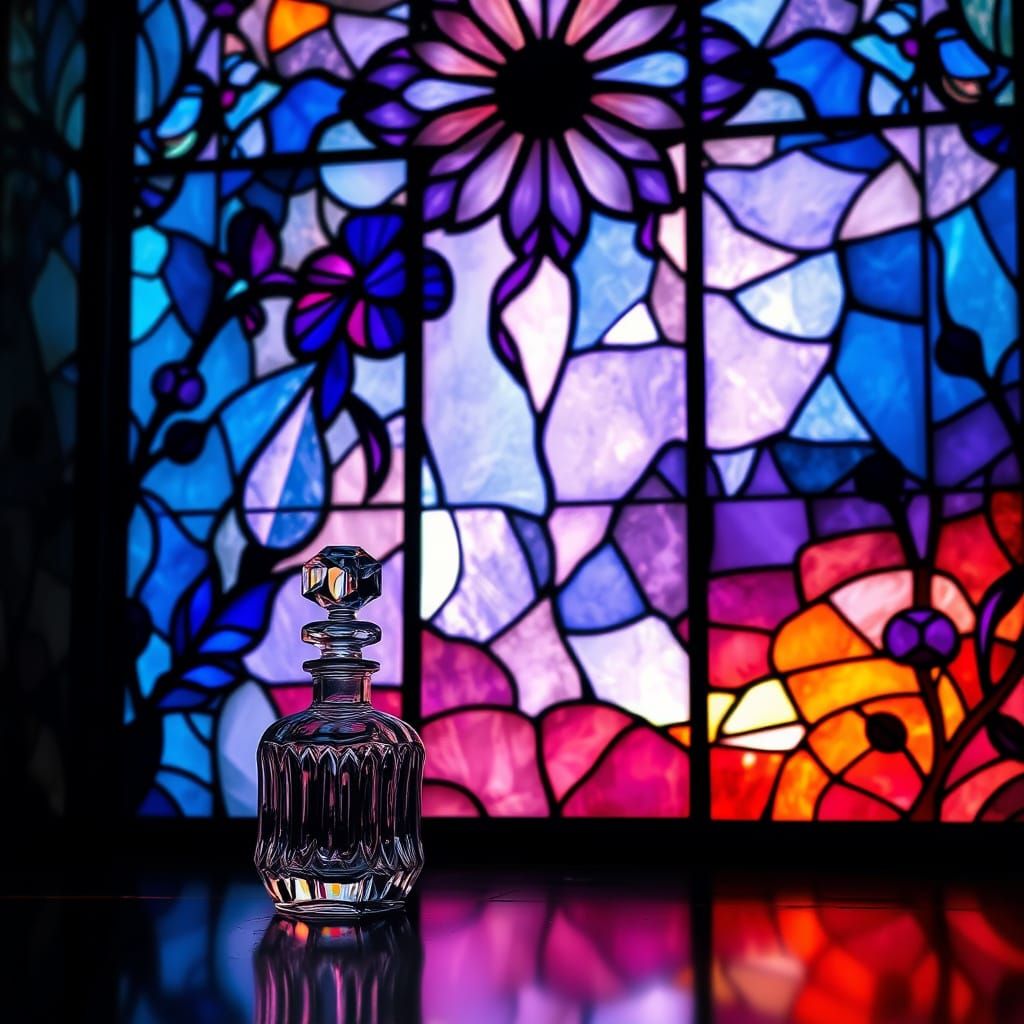 A stained glass window with rich, layered colors of blues, p...