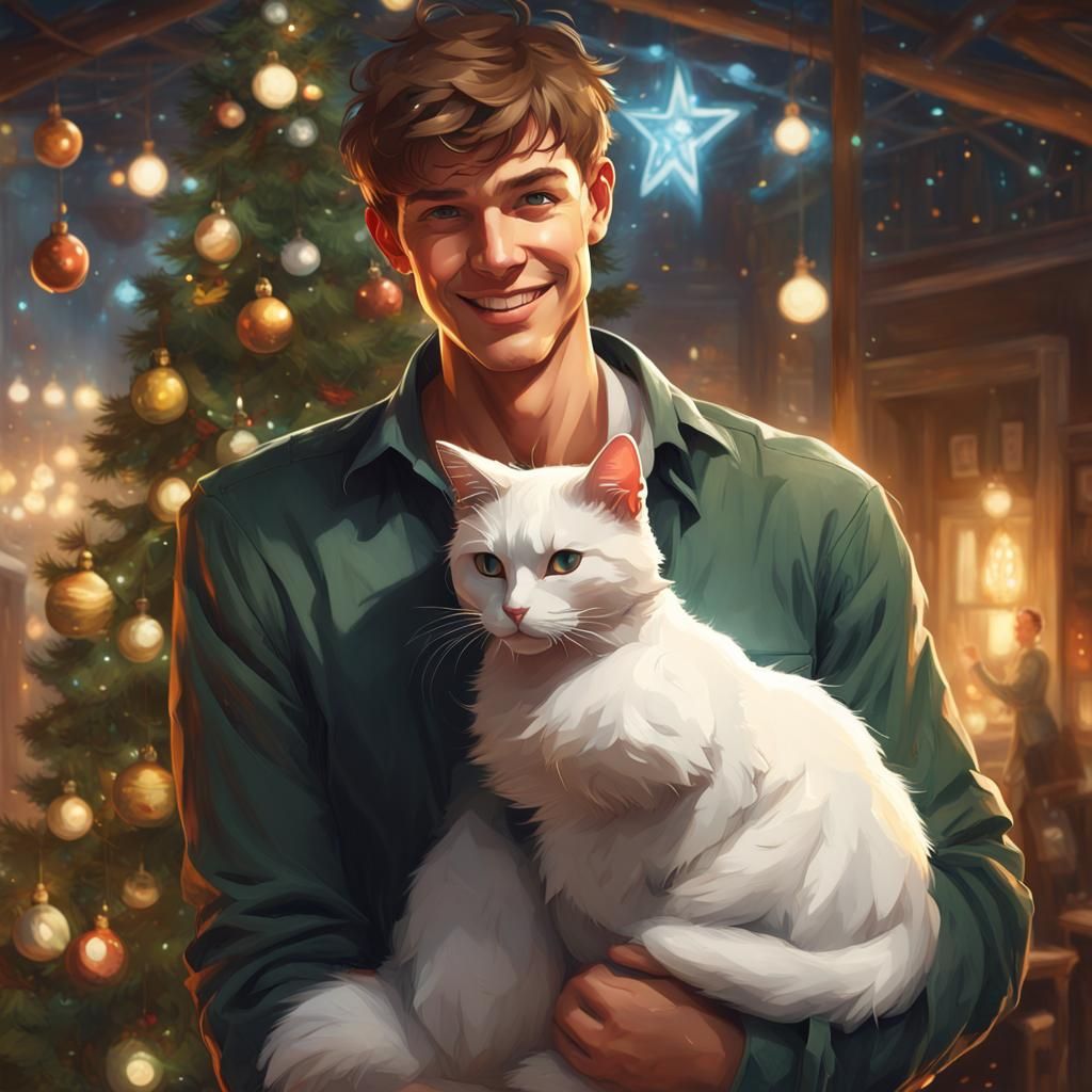 Young Man with Cat and Christmas Tree, Detailed Portrait