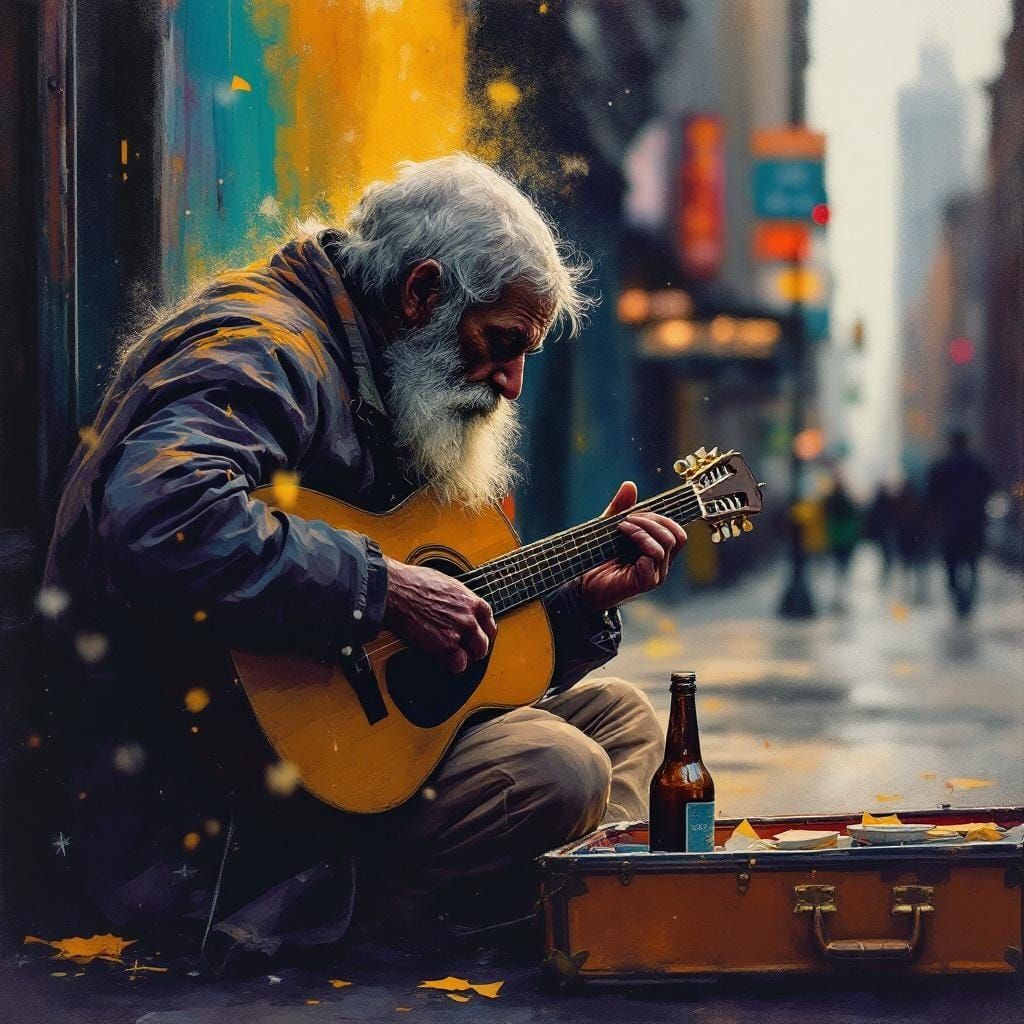 NYC Street Musician: Impasto Gouache Impressionist Masterpie...