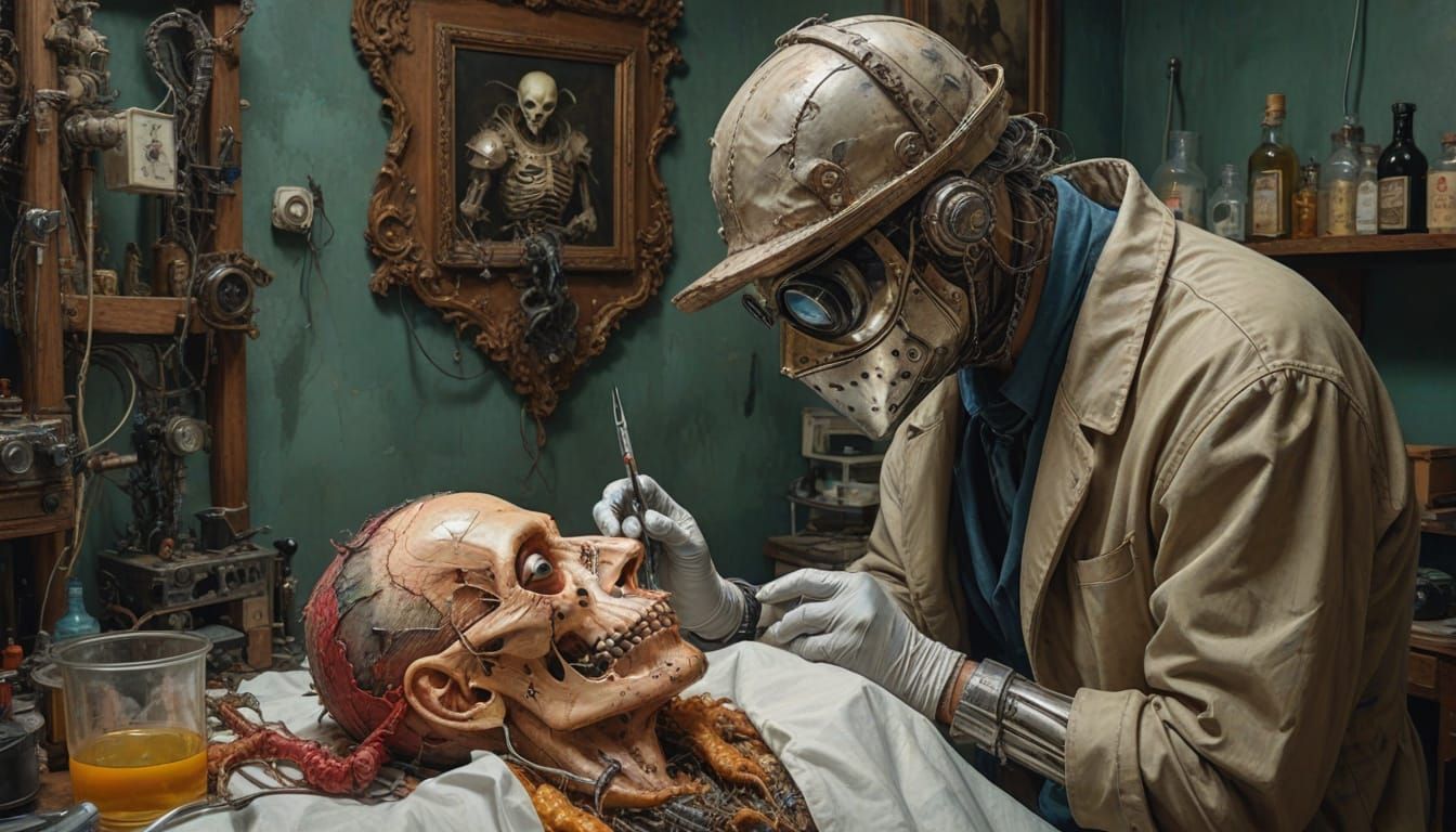 Cyborg Plague Doctor Performs Surgery as Oil Painting