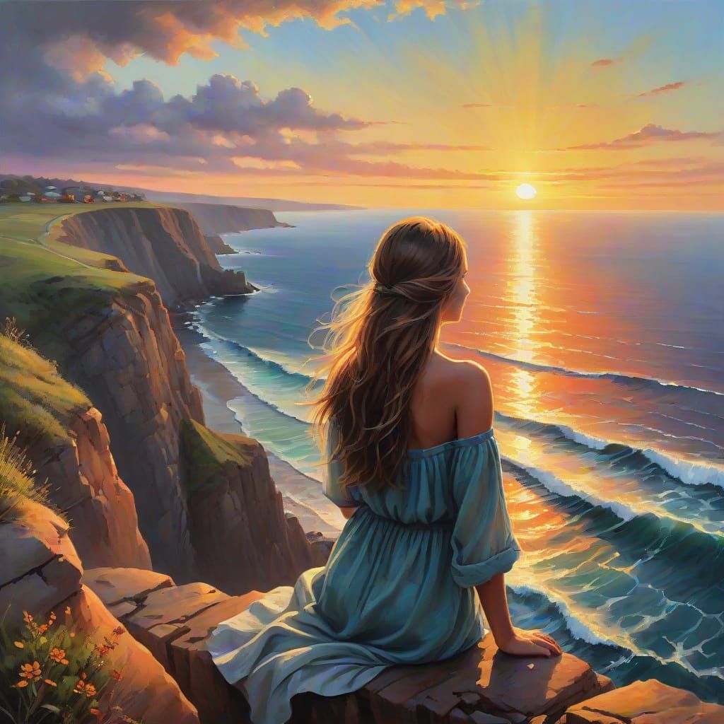 Woman Gazing at Sunset Ocean in Oil Painting